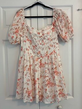 Altar’d State Floral Puff Sleeve Mini Dress in Cream and Coral